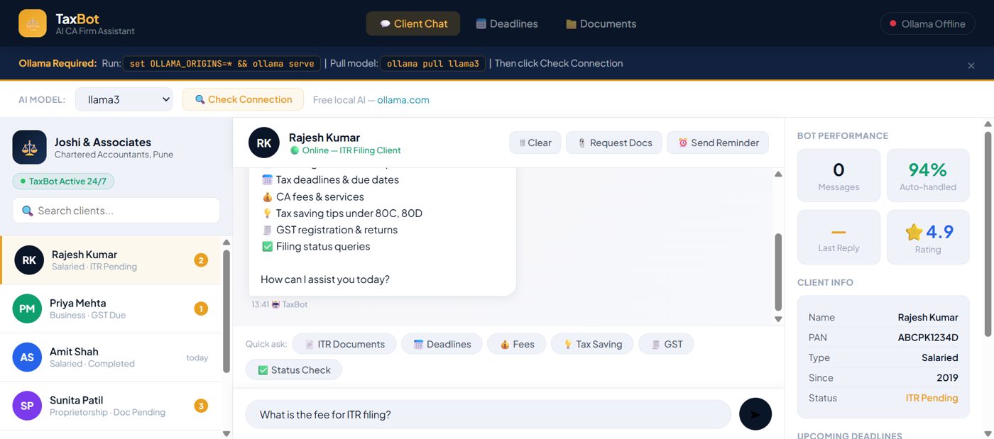 TaxBot: assistant for a CA firm, covering ITR, GST and deadlines
